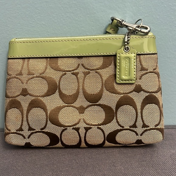 Coach signature brown, green leather trim wristlet - Picture 6 of 15